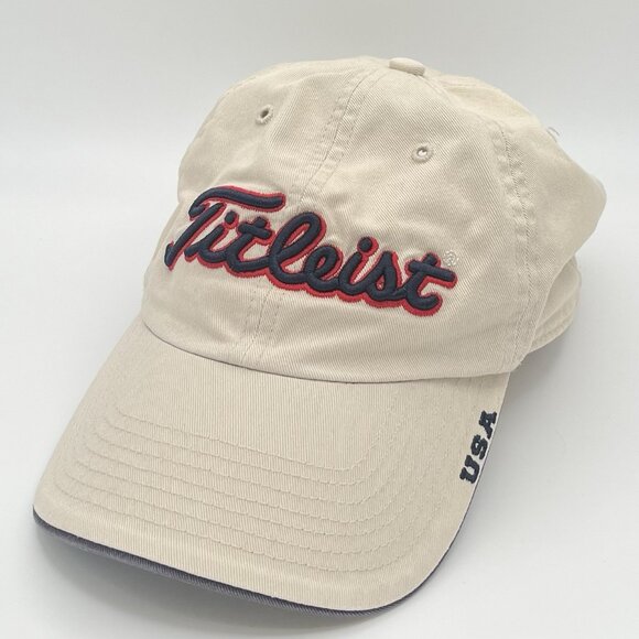 VTG Titleist Hat Cap Strap Back USA Flag Golf Adjustable Men Beige Embroidered - Picture 1 of 8